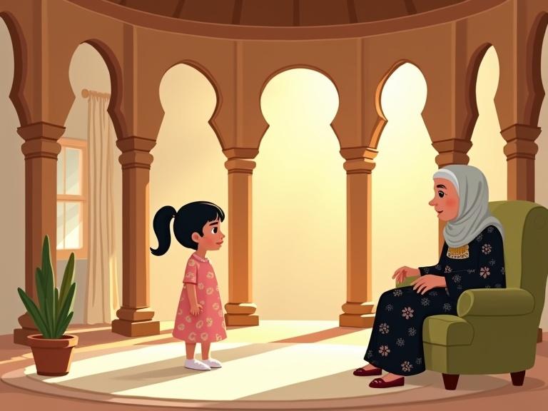 A warm digital illustration for a children's story. Inside a wooden house representing Islam. Five columns symbolize the pillars. Roof is dome-shaped. A young girl named Leila stands thoughtful in a pink dress and white shoes. An elderly grandmother sits on an olive green chair. Grandmother wears black floral dress and grey headscarf. Soft circular rug on the floor. Sunlight from window, potted plant nearby. Golden light surrounding the third column (zakat). Dust hints at barakah absence. Soft lines, cozy child-friendly style.