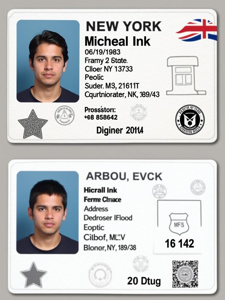 ID card design for Micheal Ink. Date of birth 06/19/1983. Address 113 Powers Rd Candor NY 13743. Elements for personal identification and security features. Layout shows front and back of ID card.