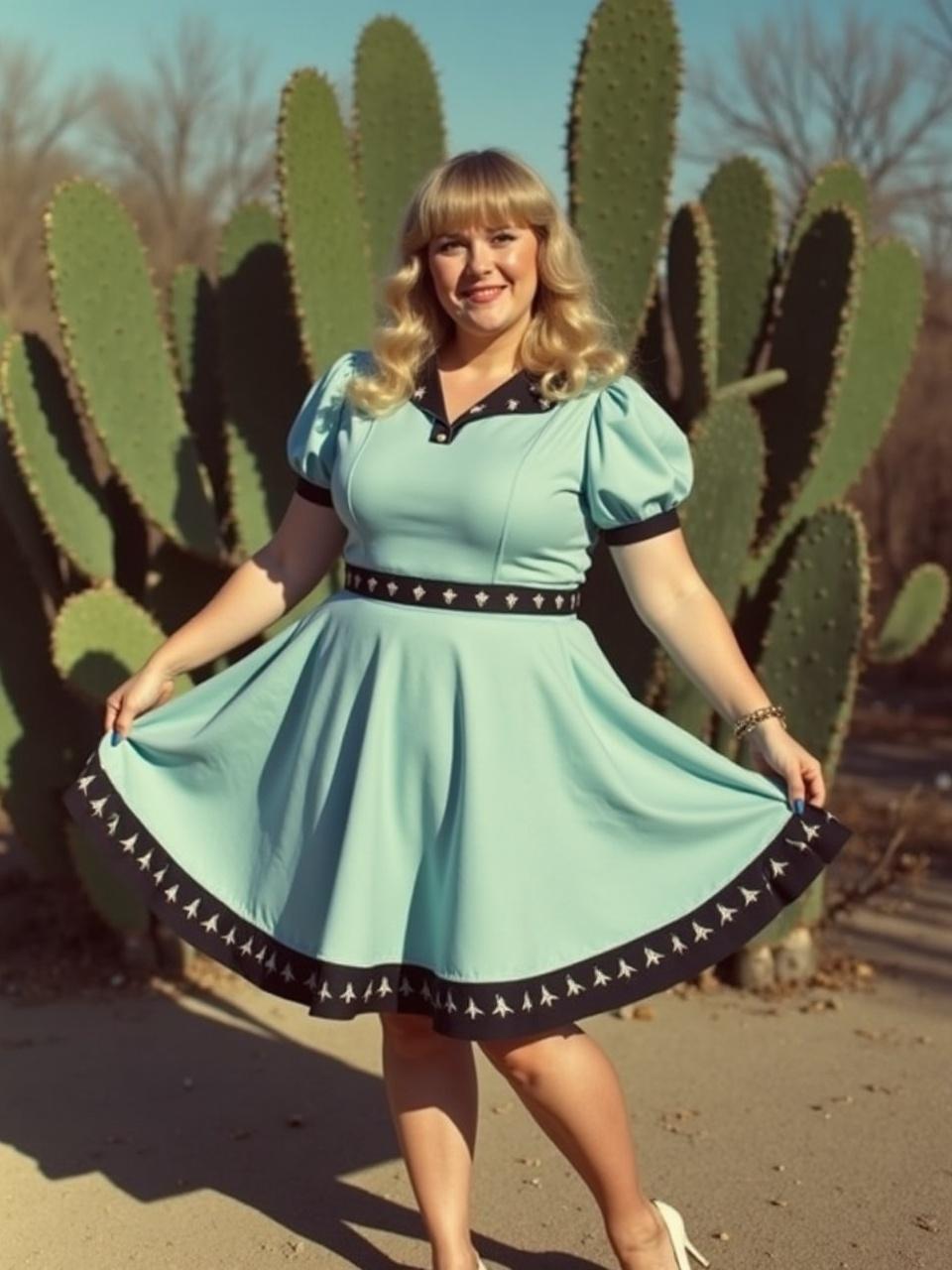 A woman wearing a light blue vintage-style dress with a dark collar and trim stands gracefully in front of a large cactus. She exudes a sense of retro charm, with her blonde curly hair styled neatly. The setting sun casts long shadows, enhancing the warm, earthy tones of the desert landscape.