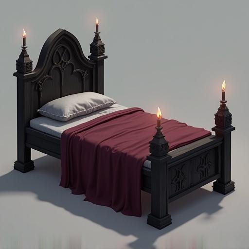 2D profile side view of a simplified gothic bed with a low arched headboard and carved motifs. Black wooden posts and a basic frame. Thin mattress with a burgundy blanket and gray sheet. Lit by flickering candlelight, casting soft shadows.