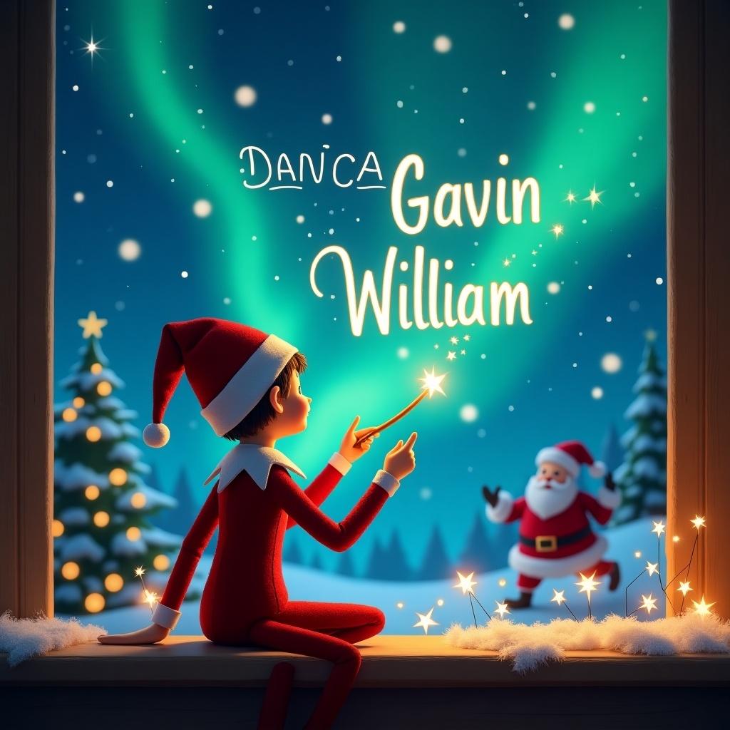 Elf character facing the sky using a wand to write in the sky. Background features a magical Christmas scene with northern lights. Santa is present. Names Danica, Gavin, and William are written in the sky elegantly.