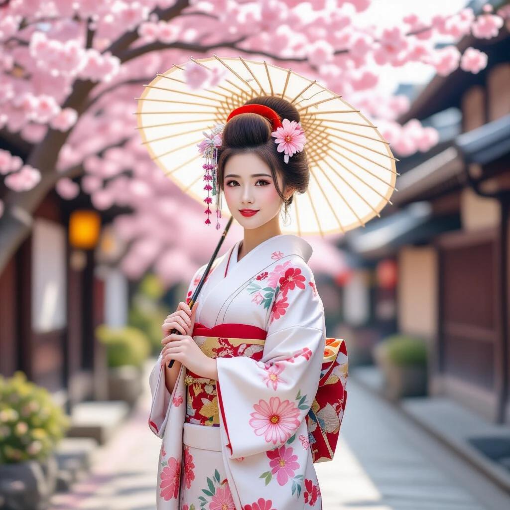 Portrait of a beautiful Japanese girl wearing a kimono. She holds a traditional umbrella. The background has cherry blossom trees in full bloom.