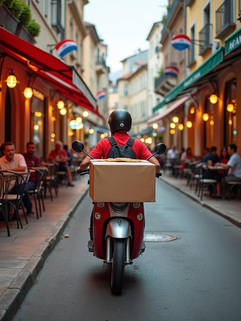 Street with pizzerias on both sides. Delivery guy riding a scooter. Warm light from restaurants. People dining outside. Red scooter with a delivery box. Narrow road in a charming urban setting.