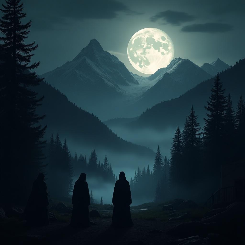 Dark mountains with sharp peaks under a large, glowing full moon. Cold, silvery light creates an eerie atmosphere. Ominous silhouettes of robed figures stand among dense trees in a dark forest. Partly visible abandoned structures add to the desolation.