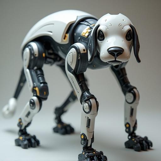 A robotic dog with mechanical features. The design includes a shiny black and white color scheme. It stands in a playful stance. The dog has expressive eyes and a curious expression. The joints of the dog are articulated with visible mechanical details. The setting is a neutral grey background that highlights the robotic design.