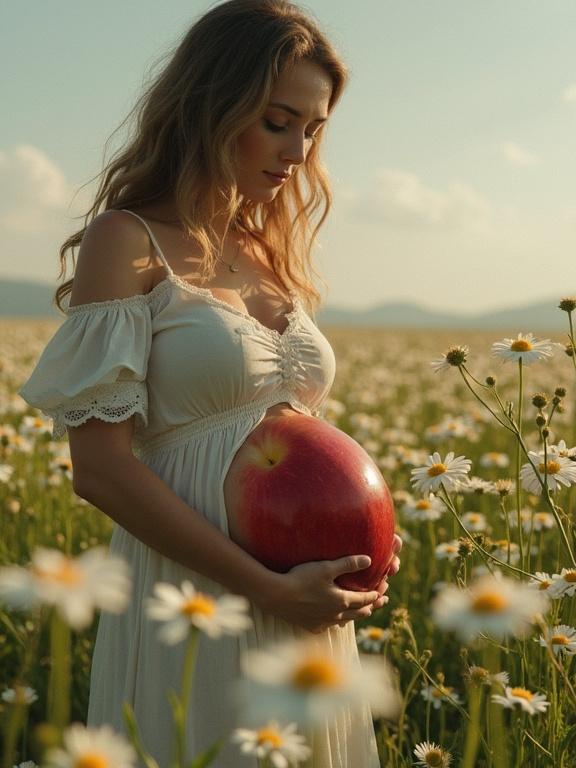 A beautiful pregnant woman stands in a field of daisies while holding her apple-shaped belly. The dress she wears is white and flowing. Soft light illuminates the setting, creating a serene atmosphere. Feminine energy radiates through the image, capturing a unique blend of creativity and nature.