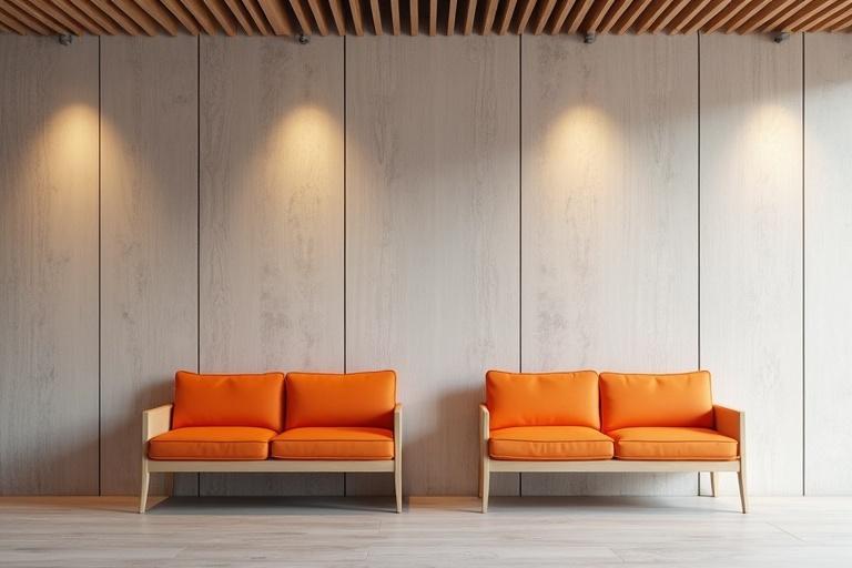 Photo shows a reception area with wide tall wall. Two benches with orange cushions are placed in front of it. Warm light shines on the benches and wall. Minimalist design features are visible.