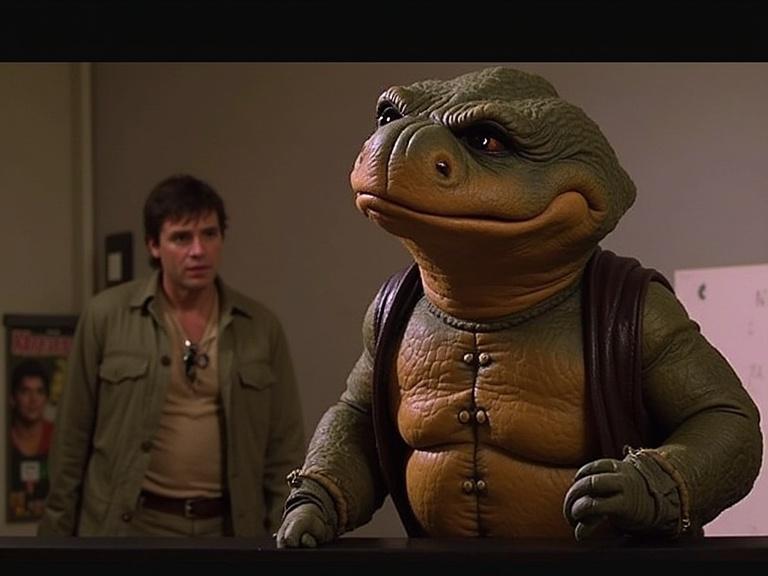 Two characters in a scene. One is an anthropomorphic turtle wearing a vest. The other is a man in a khaki outfit. They are in an indoor setting with a blurred background.
