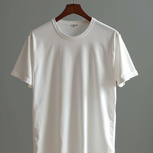 Display of plain white t-shirt hanging on a wooden hanger. Neutral background for emphasis on the outfit.