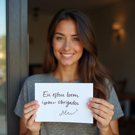 A woman holds a sign that says I am fine thank you. The scene is simple and focuses on her expression and the message.