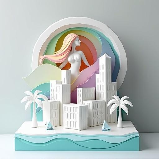 Photograph of a 3D paper art sculpture representing a modern cityscape. Sculpture features a vibrant rainbow wave and a graceful female figure with pastel hair. Below, skyscrapers, palm trees, and a sailboat are present. The background is light gray.