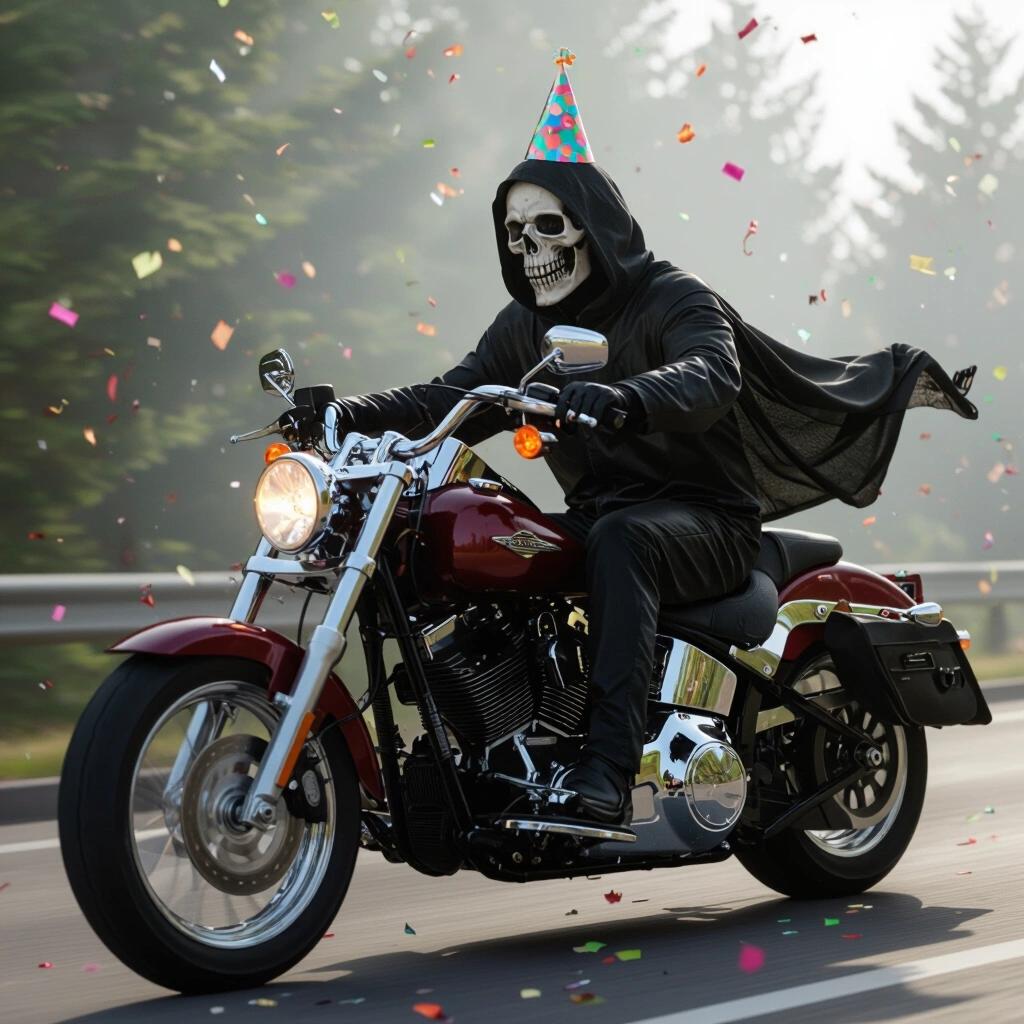 Grim reaper rides motorcycle wearing party hat. Confetti is flying in the air.