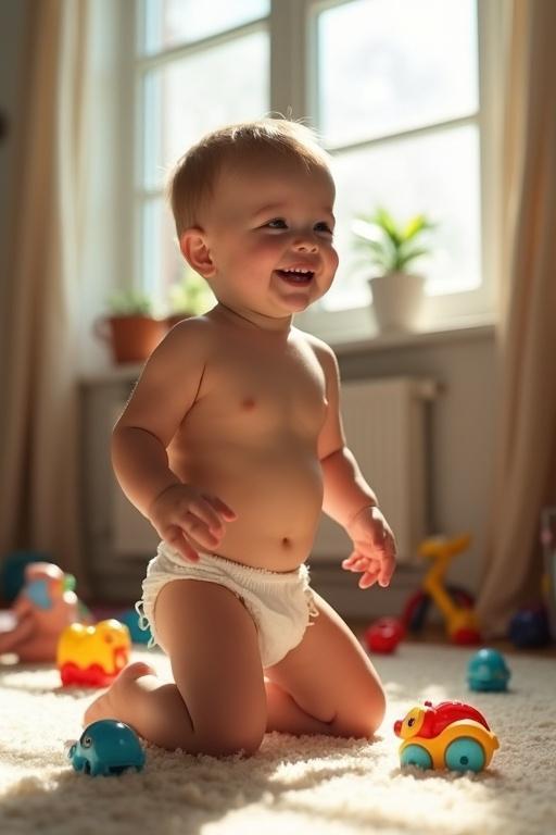 Smiling child in diaper plays at home. Bright sunlight comes through window. Toys scattered around. Warm and welcoming atmosphere. Captures innocence and joy of home. 