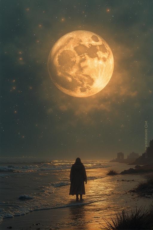 A solitary figure stands by the ocean shore under a giant luminous moon. The scene is tranquil and filled with a sense of wonder. The beach has gentle waves and features a dark sky filled with starlight. The figure's identity is obscured by a cloak, adding to the mysterious atmosphere.