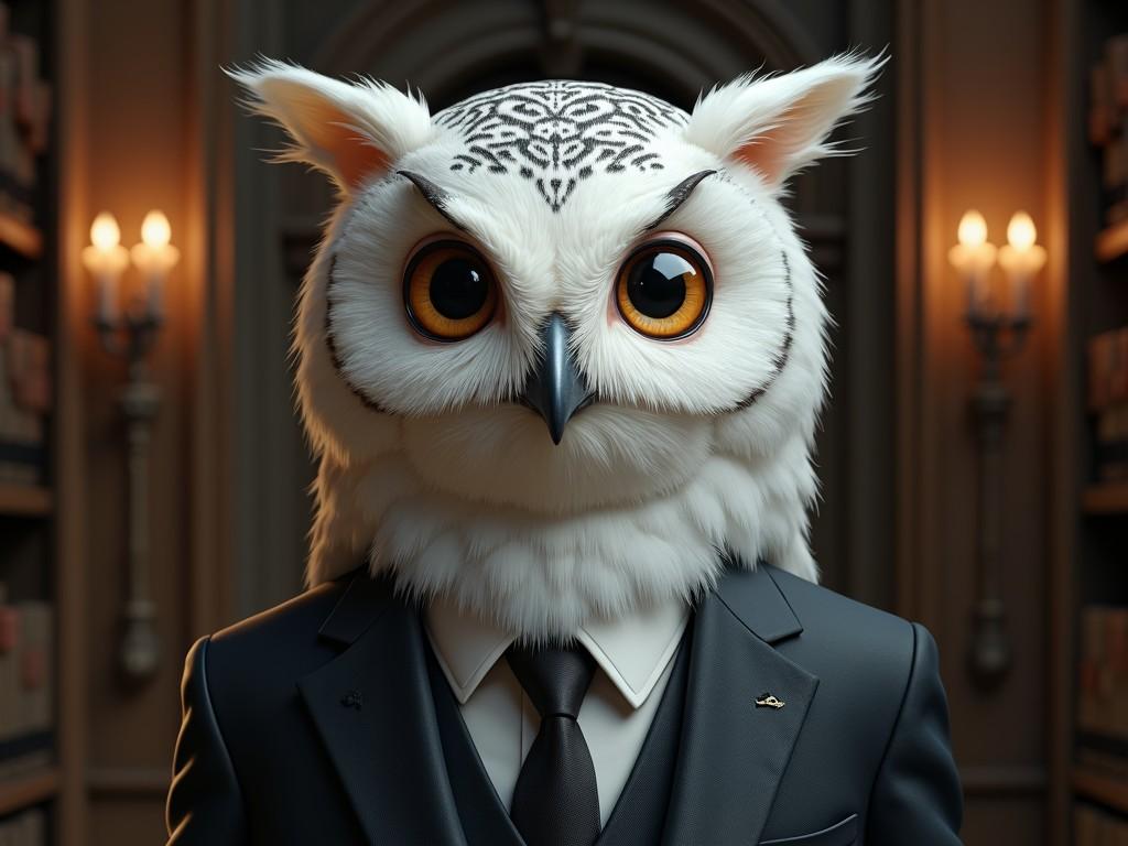 This digital art piece portrays an intricate anthropomorphic owl dressed in a tailored suit, standing in what appears to be a study or library. The owl's large, expressive eyes and detailed feathers are the focal point, contrasting against the dimly lit, classical interior. The soft glow from surrounding lamps casts a warm ambiance, enhancing the sophisticated and whimsical atmosphere of the image.