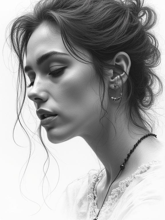 A captivating portrait of a woman in a textured pencil sketch. The subject appears in deep thought with dynamic lines and soft shading conveying emotion.