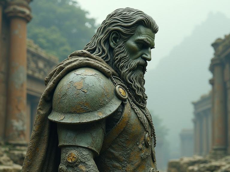 Crumbling statue of barbarian king stands in the ruins of an ancient city. Fantasy art style captures the details and textures of the statue. Lush watercolor effects enhance the atmosphere.