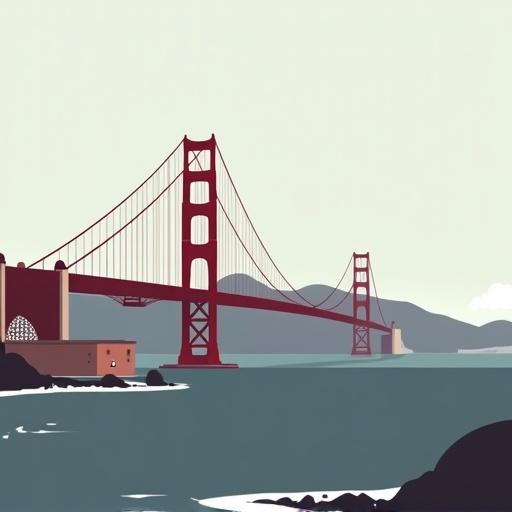 A semi-realistic 2D side view of the Golden Gate Bridge. Viewed from a distance with a flat angle. Isolated with no background clutter. Simple color palette used. Dark red bridge over calm dark gray water. Overcast sky indicated. In-line perspective maintained. No depth layering present. Minimal shading applied. Suitable as a 2D game background.