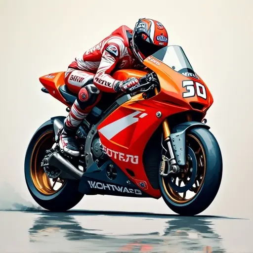 Illustration art depicting motorcycle racing. Technical view of the bike. Highly realistic style resembling acrylic painting.