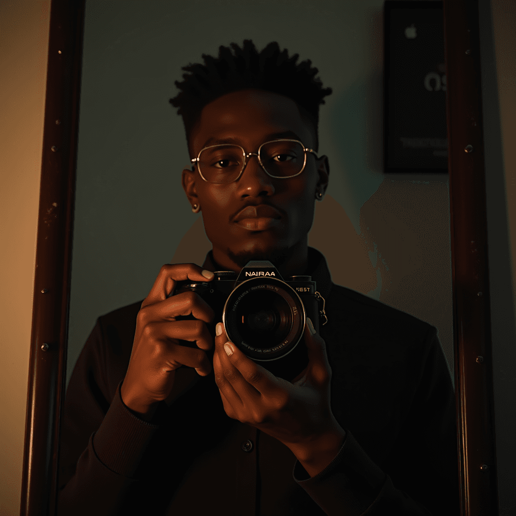 A person with glasses takes a selfie in a mirror with a camera.