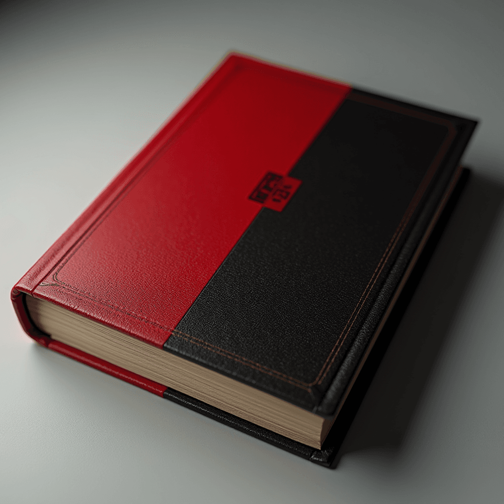 A book with a sophisticated red and black cover lying on a minimalist surface.