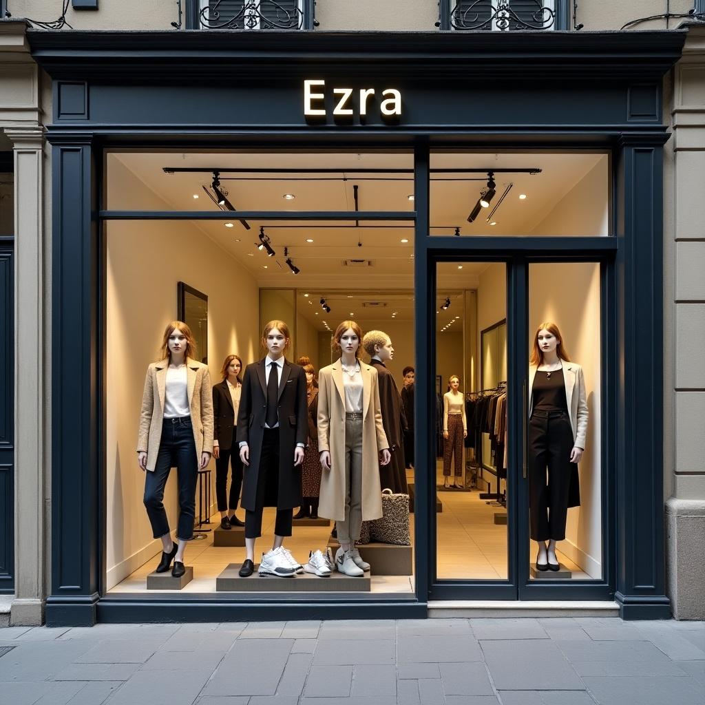 This image depicts a stylish fashion store window featuring elegant clothing showcased under the brand logo 'Ezra'. The window is adorned with several mannequins dressed in sophisticated attire, illustrating a modern take on fashion. The setting is well-lit, creating an inviting atmosphere for passersby. The color scheme consists of neutral tones, enhancing the elegance of the displayed outfits. Located on a bustling city street, this window display attracts attention from shoppers and fashion enthusiasts alike.