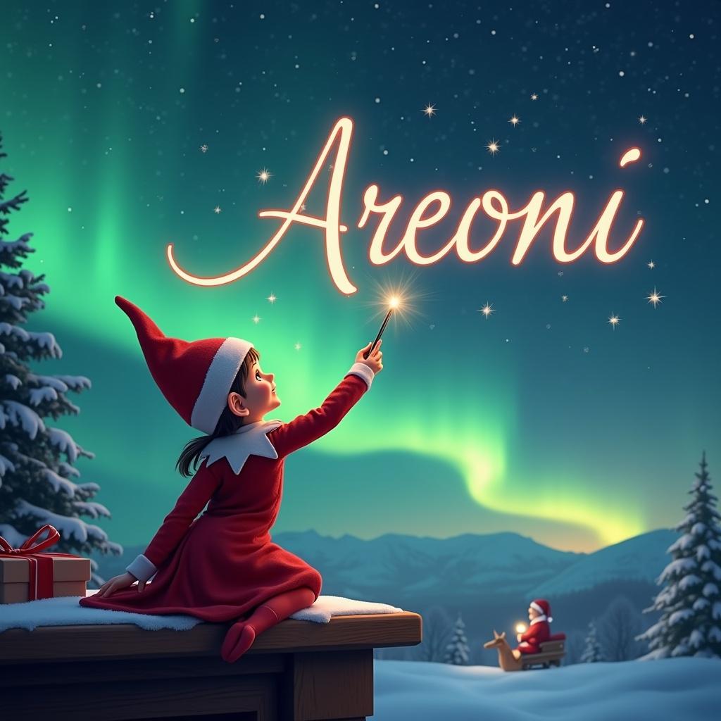 A young girl elf is seated on a wooden ledge, her back facing the viewer as she delights in the beauty of the night sky filled with vibrant northern lights. She holds a magic wand, gracefully writing the name 'Areoni' in sparkling letters above her. In the background, a whimsical winter scene includes Santa Claus, cheerfully preparing for the holiday. The overall atmosphere is enchanting and festive, embodying the magic of Christmas. Snow-covered trees surround the area, and a few presents hint at the joyous celebrations to come.