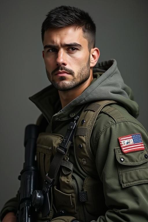 A serious man with dark hair in military gear. He has a confident expression. The setting is neutral. He is around 24 years old. He holds a gun in a ready position.