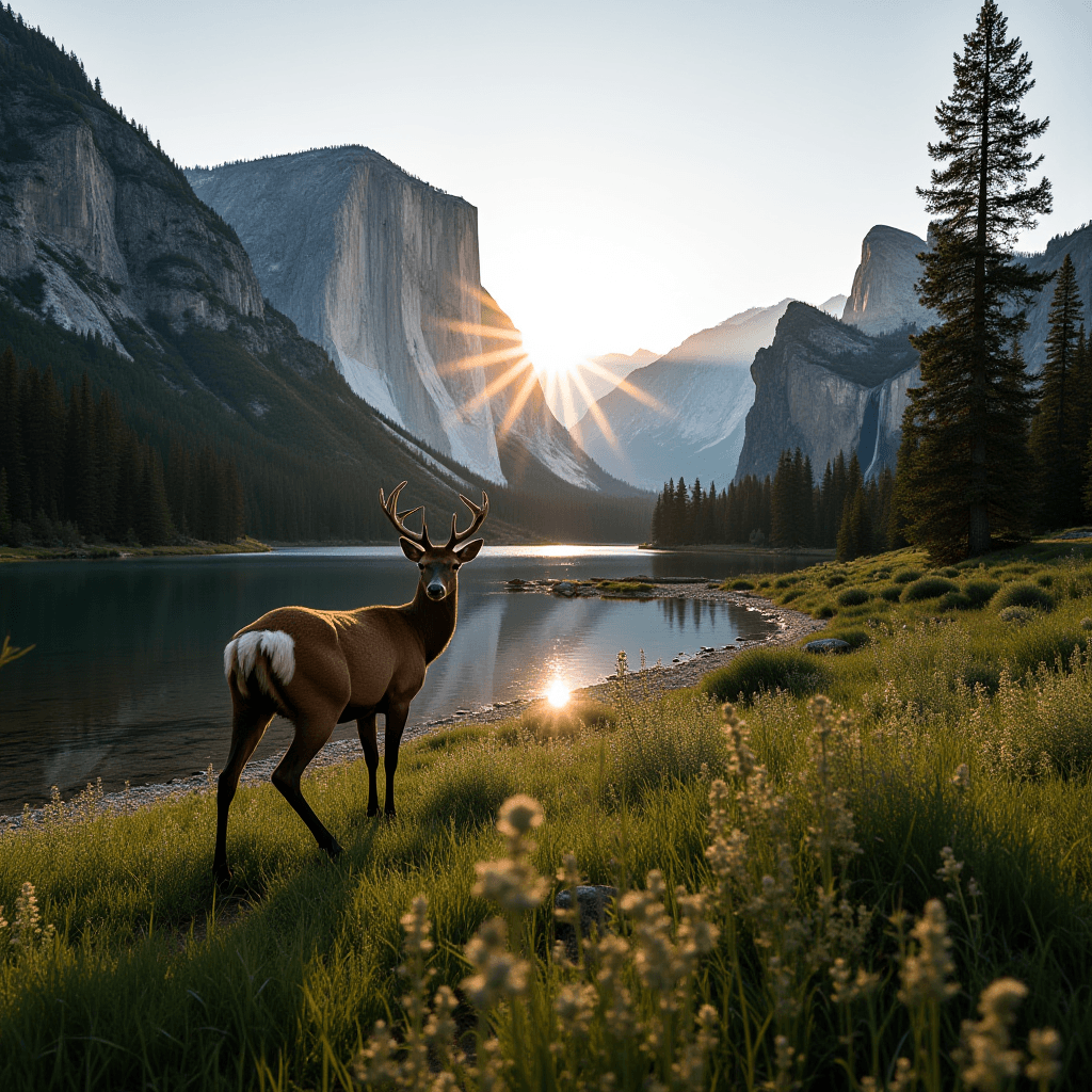 A majestic deer stands by a tranquil lake as the sun sets behind towering mountains.