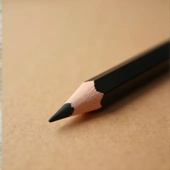 A sharp black pencil on a smooth beige surface, showcasing its pointed tip and hexagonal wooden barrel.