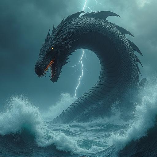 A colossal sea serpent rises from a stormy ocean. Its body coils, covered in dark scales. The creature has glowing eyes and sharp teeth. Barnacles cling to its body. Waves crash around it under a dark sky. Lightning strikes illuminate the scene. The mood is terrifying and intense. High-detail fantasy art with deep colors and dramatic movement.