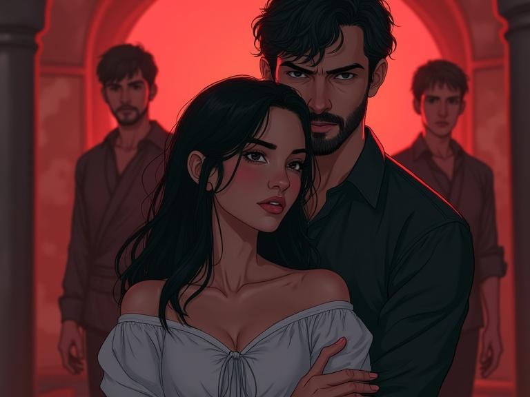 A modern romantic drama-style digital illustration. Serious handsome man with short dark hair. Beautiful woman with long black hair wearing an off-shoulder white blouse. Man crosses arms looking confident behind the woman. Woman appears emotional and strong. Dramatic urban setting with soft red lighting and shadows. Cinematic mood, realistic digital art style. Young woman with short brown hair and brown eyes between two handsome young men in a medieval fantasy landscape. Scene conveys fantasy and drama focusing on character interactions.