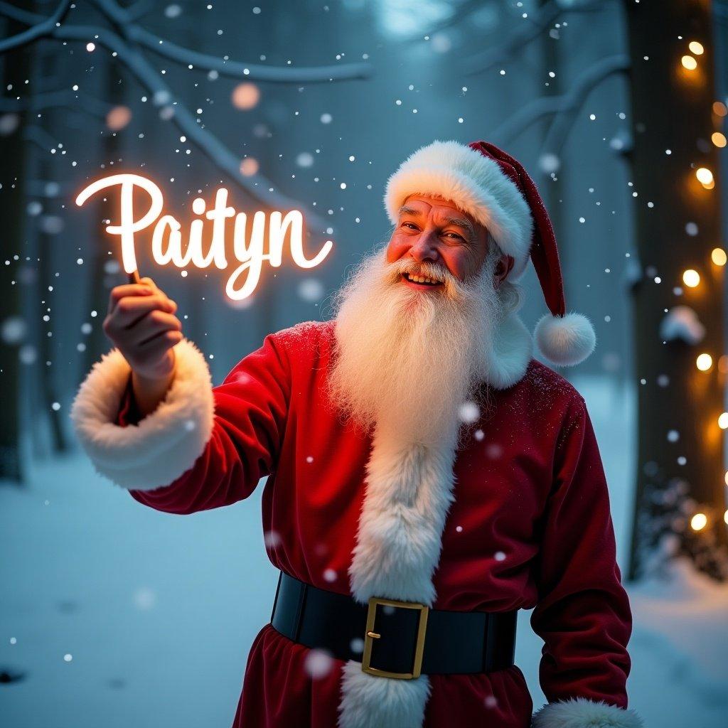 This enchanting image captures Santa Claus in a snowy forest during Christmas time. He is joyfully using a glow stick to write the name 'Paityn' in the air. The scene is filled with soft falling snowflakes, creating a magical atmosphere. Warm lights from nearby trees add to the festive spirit, making the environment feel inviting and cheerful. Santa's outfit is traditional, featuring a bright red coat with white fur trim and a black belt. His joyful expression radiates holiday cheer, making this image perfect for Christmas celebrations.