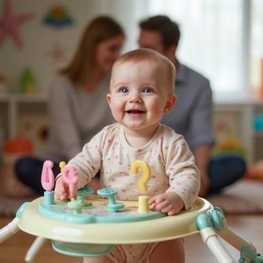 Baby celebrating 10 month anniversary standing by walker. Background filled with colorful toys and parents. Baby smiles joyfully in front of family.