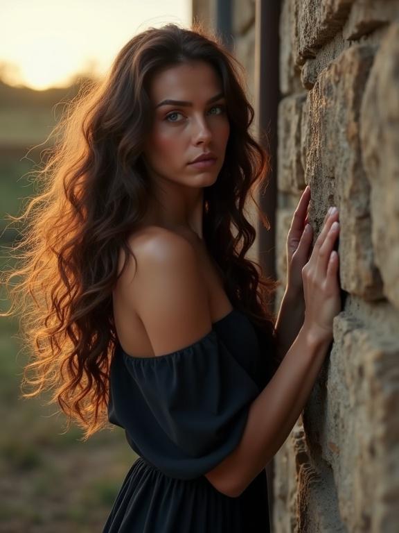 Woman with long dark brown wavy hair. Blue eyes looking into the distance. One hand on an old stone wall. Wearing a loose dark dress. Hair blowing softly in the wind. Scene on the corner of an old stone house. Soft golden lighting creating an ethereal atmosphere.