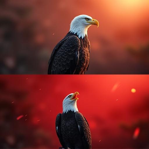 Bald eagle on top half of image. Bald eagle on bottom half of image screeching. Entire bottom half of image is shaded red.