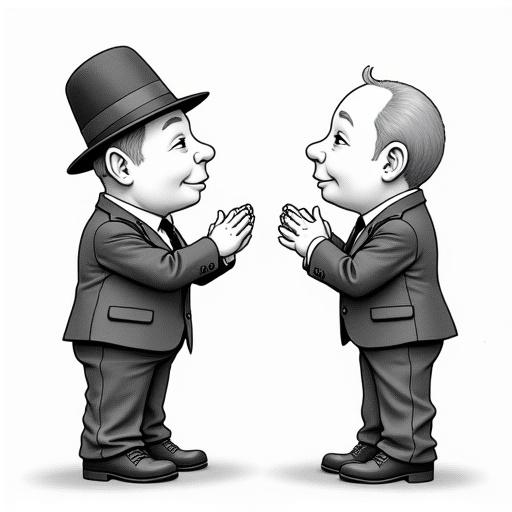 Two British bobbies stand face-to-face in a playful clapping game. Characterize them with distinct clothing and posture resembling music icons. The hand-drawn pencil style emphasizes their playful nature.