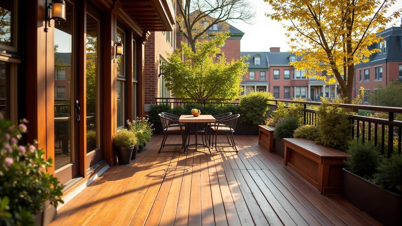 This image showcases a beautifully designed urban balcony, featuring wooden decking and stylish outdoor furniture. Lush greenery and strategically placed plants create a serene and inviting atmosphere. The warm sunlight casts gentle shadows, enhancing the natural beauty of the scene.