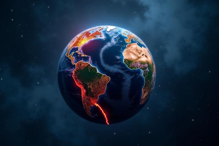 Dark blue starry background features a globe. The globe is cracked with red fault lines visible. Highlights on the continents and color variations. Focus on the globe showing Earth's geological features.