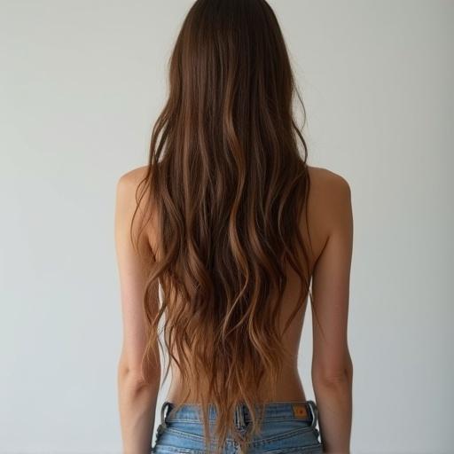 Full body portrait from behind showing a young woman with long brown hair down to knee length. Simple and realistic style without celebrity enhancement.