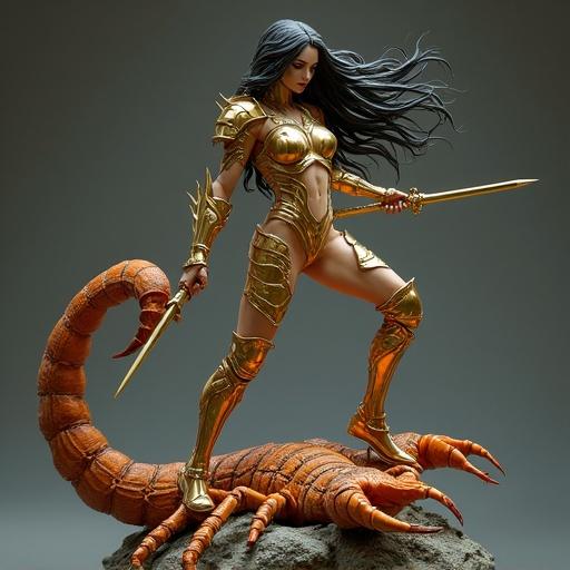 Female warrior inspired by Scorpio. Human body in aggressive pose displaying power. Wears shiny armor with pincers resembling exoskeleton. Long dark hair flowing with wind. Standing on rocky base with cosmic aura. Giant scorpion with curved weapon. Dramatic fantasy style.