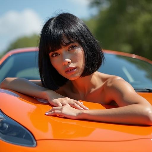 Russian supermodel with black bob hair poses on supercar at car wash during bright sunny day.