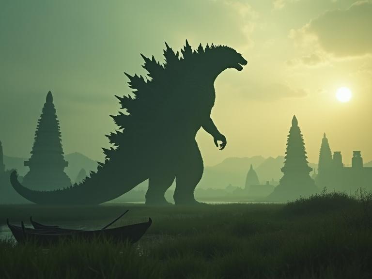 Dark cinematic scene with a huge silhouette of Godzilla. Godzilla measures 300 ft tall. Scene features grassy marshland at sunset. Background contains large grey stone temples and small wooden boats. Atmosphere is enhanced by shadows and textures creating a realistic feel.