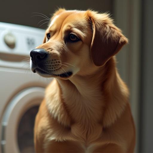 Dog sitting in a laundry room. Soft fur on the dog's body. Dog looks happy with bright eyes.