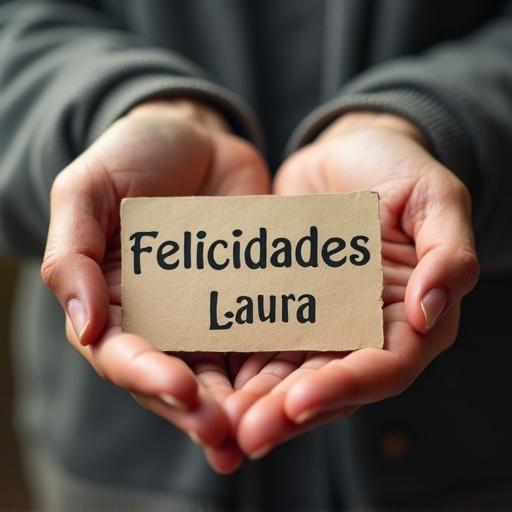 Hands hold a card that says Felicidades Laura. The image conveys a personalized congratulatory message. It showcases warmth and celebration.