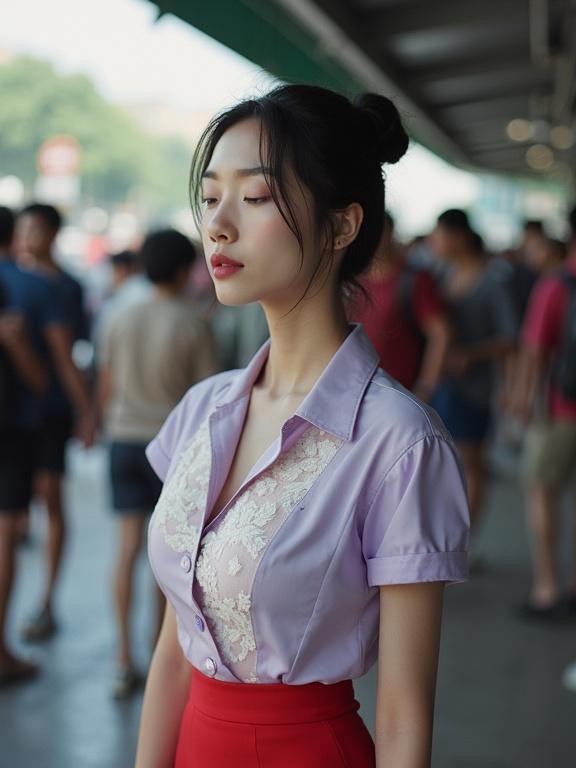 A woman stands at a bus stop. She has tied wet hair and a light purple blouse that reveals her bra. She wears a beautiful light red lace skirt. Her eyes are closed, and her lips are slightly curved. The scene is peaceful and intimate. Flash photography used.