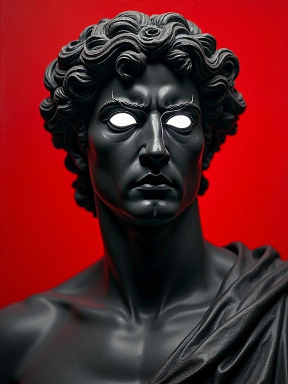 Stylized depiction of a male classical figure representing Italian Renaissance art style. Statue features wavy hair, a wreath, and a draped garment. Face and neck are covered in black paint with glowing white eyes. Eerie light effects surround the eyes. A vibrant red background sets a dramatic tone. The figure appears masculine, angry yet stoic, looking down at the viewer.
