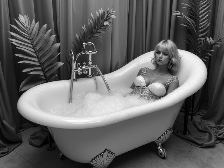 Monochrome composition inspired by 1960s experimental cinema. Supermodel Alex Consani portrays a whimsical mermaid character in a frothy clawfoot tub. She wears a modest crafted costume with iridescent textures and feather accents. Surrounded by tropical foliage and draped fabrics, all illuminated by soft bounce lighting creating gentle shadows. Subtle film grain and vintage cinema artifacts evoke the surreal style of 1960s art films. Composition emphasizes artistic textile details and playful retro surrealism.