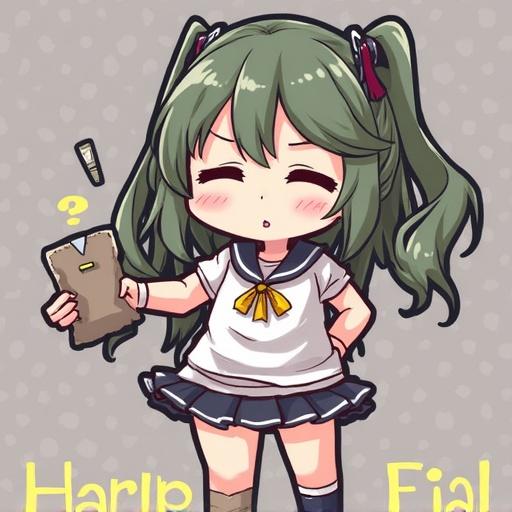 Anime character with green hair and a school uniform. She is holding a smartphone with a surprised expression.