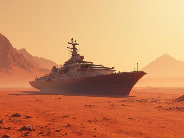 Generate an image of a galactic freighter on a desert planet with reddish sands and sharp mountains in the background, viewed from the left side.